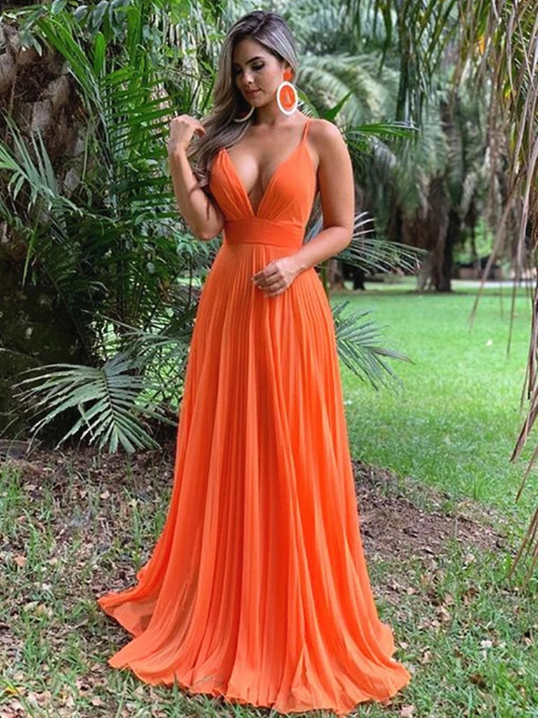 Sexy Deep V Neck Orange Chiffon Open ...